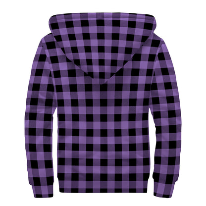 Purple And Black Buffalo Check Print Sherpa Lined Zip Up Hoodie