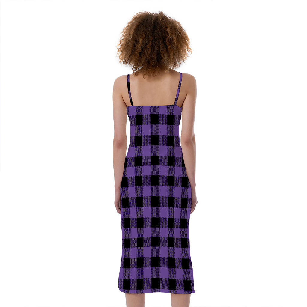 Purple And Black Buffalo Check Print Slim Fit Midi Cami Dress