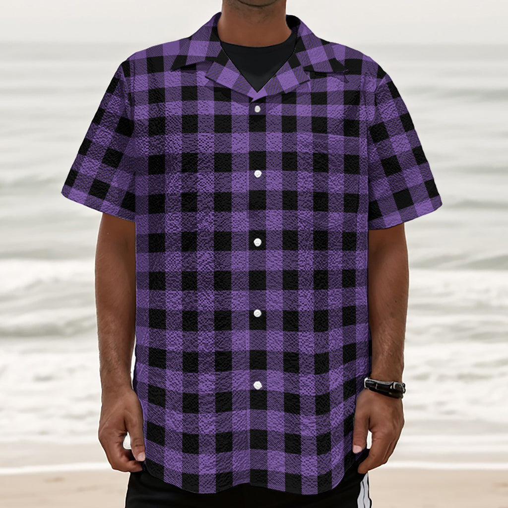 Purple And Black Buffalo Check Print Textured Short Sleeve Shirt