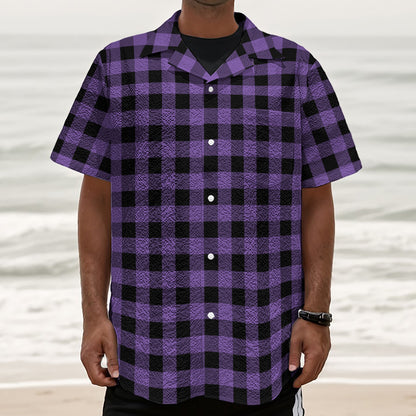 Purple And Black Buffalo Check Print Textured Short Sleeve Shirt
