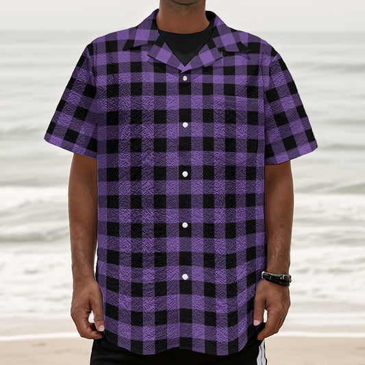 Purple And Black Buffalo Check Print Textured Short Sleeve Shirt