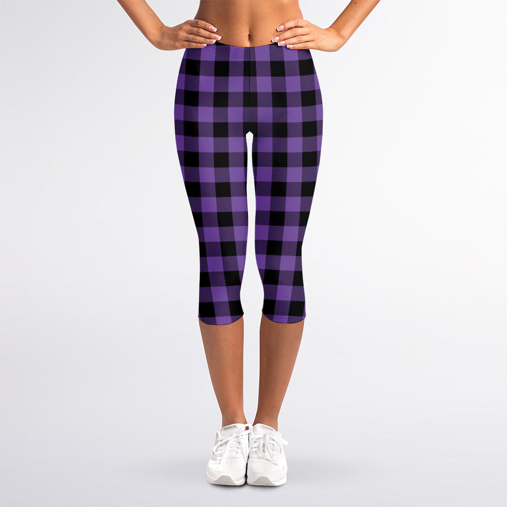 Purple And Black Buffalo Check Print Women's Capri Leggings