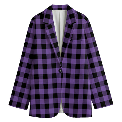 Purple And Black Buffalo Check Print Women's Cotton Blazer