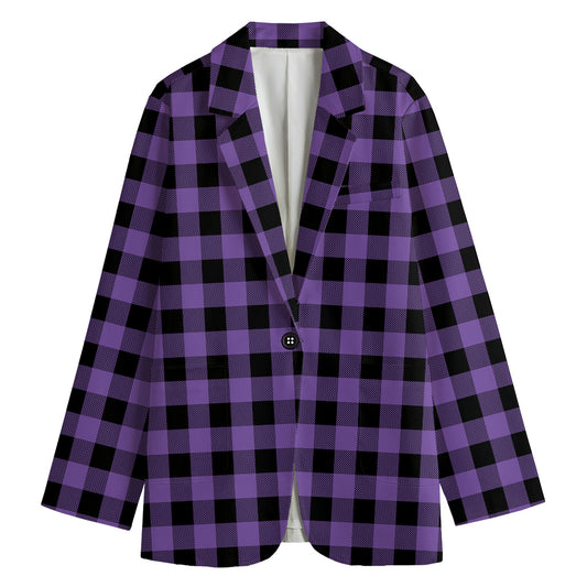 Purple And Black Buffalo Check Print Women's Cotton Blazer