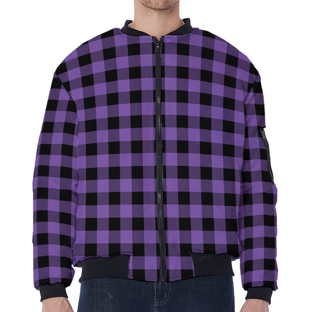 Purple And Black Buffalo Check Print Zip Sleeve Bomber Jacket