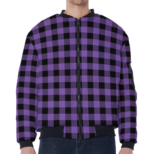 Purple And Black Buffalo Check Print Zip Sleeve Bomber Jacket