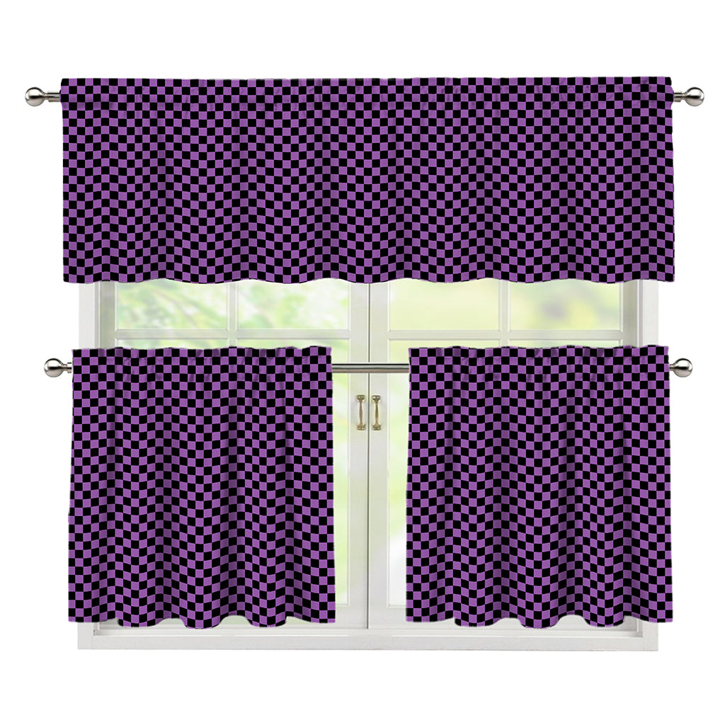 Purple And Black Checkered Pattern Print 3 Piece Kitchen Curtains