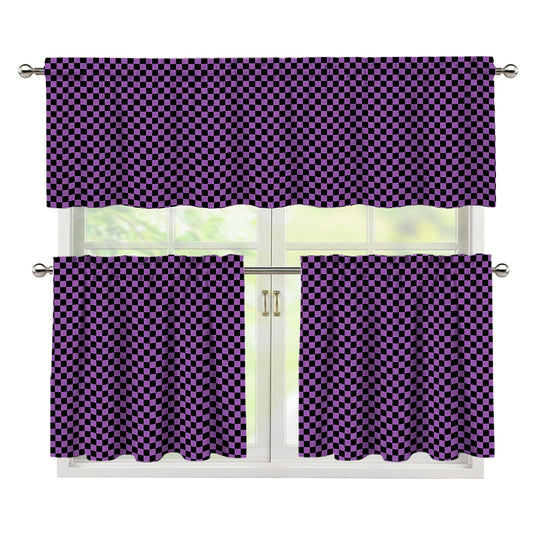 Purple And Black Checkered Pattern Print 3 Piece Kitchen Curtains