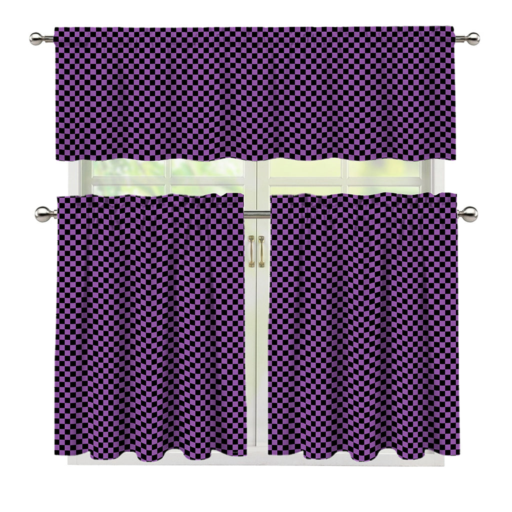 Purple And Black Checkered Pattern Print 3 Piece Kitchen Curtains