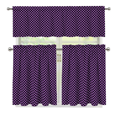 Purple And Black Checkered Pattern Print 3 Piece Kitchen Curtains