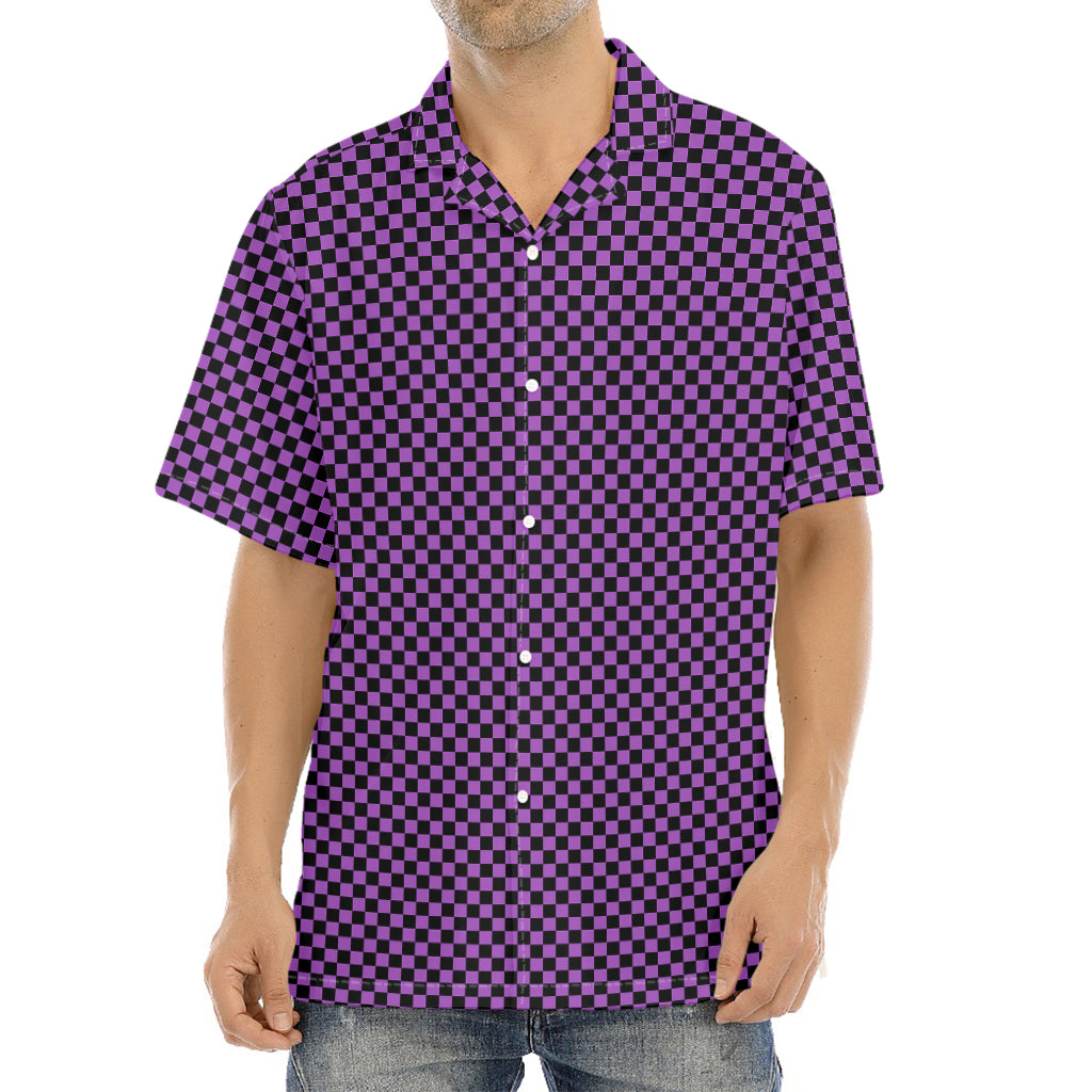 Purple And Black Checkered Pattern Print Aloha Shirt