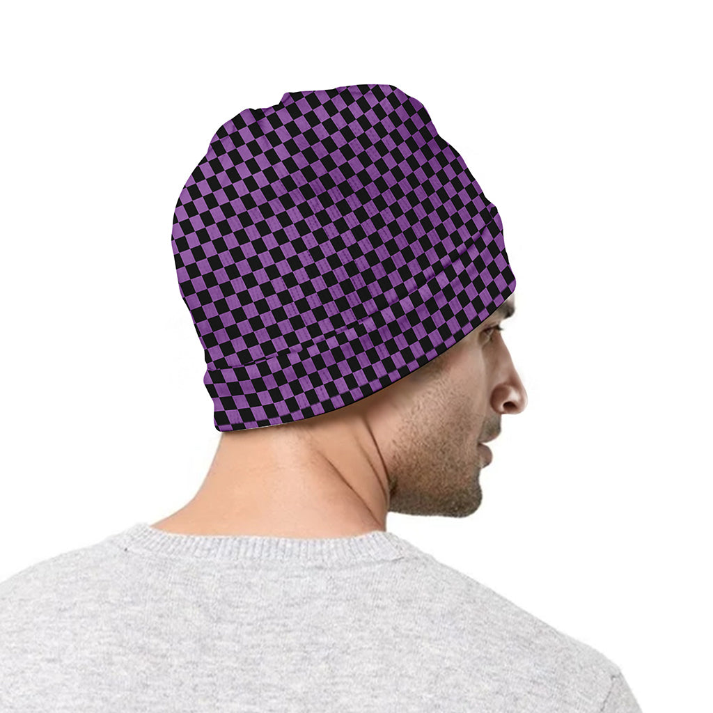 Purple And Black Checkered Pattern Print Beanie