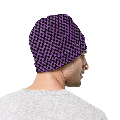 Purple And Black Checkered Pattern Print Beanie