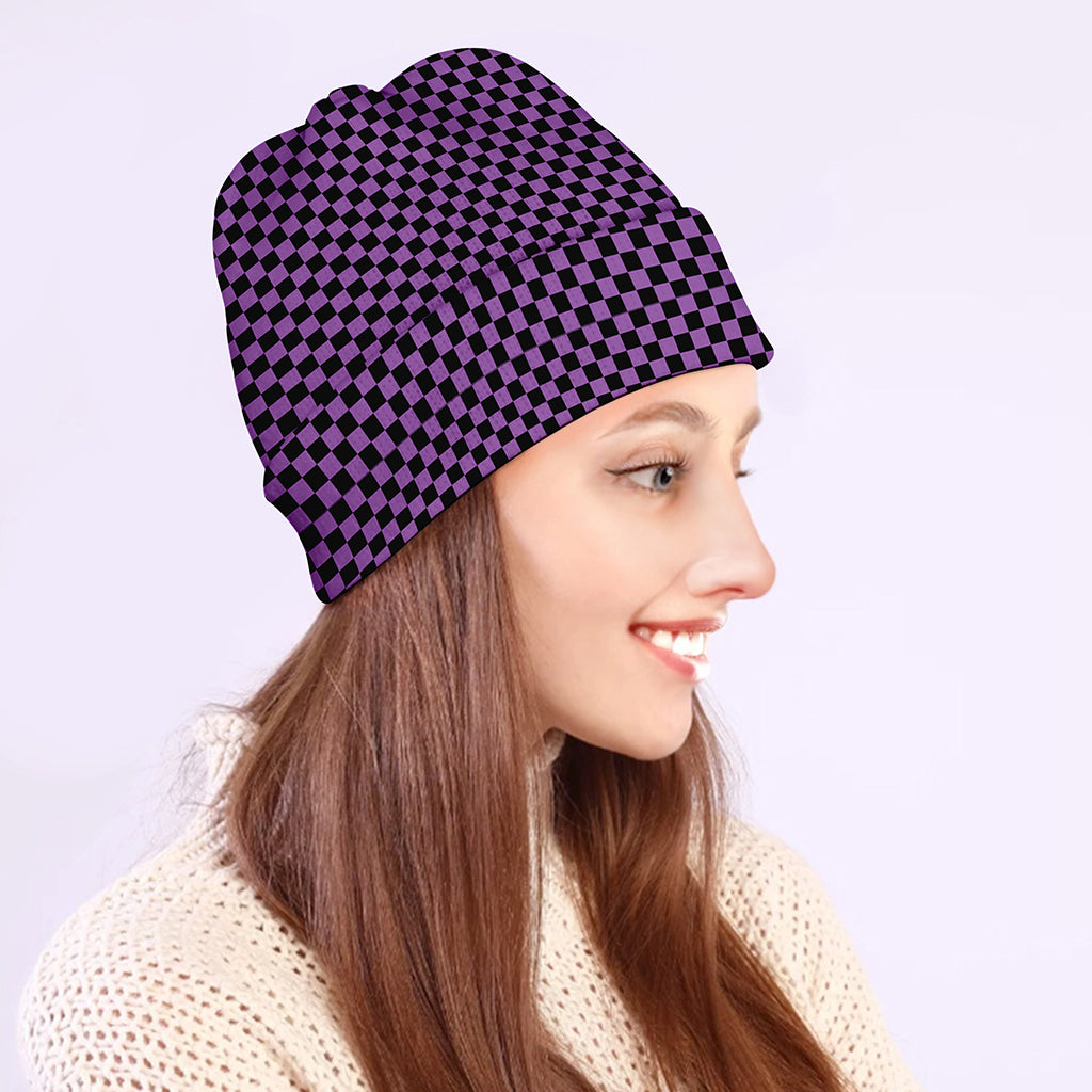 Purple And Black Checkered Pattern Print Beanie