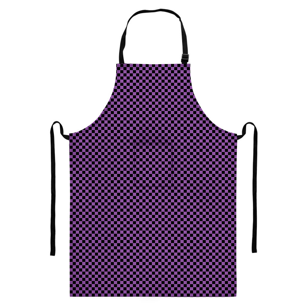 Purple And Black Checkered Pattern Print Bib Apron With Pocket