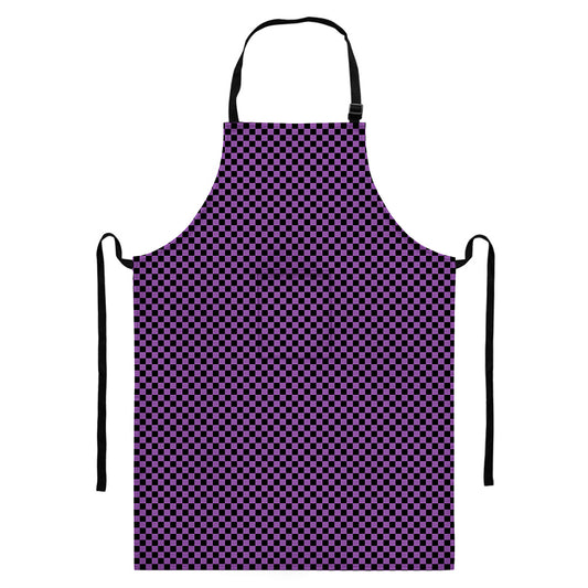 Purple And Black Checkered Pattern Print Bib Apron With Pocket