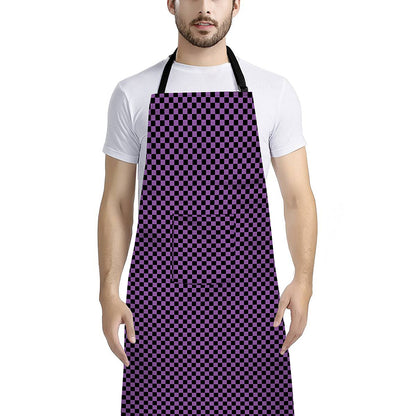 Purple And Black Checkered Pattern Print Bib Apron With Pocket