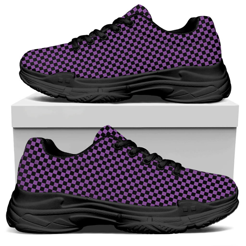 Purple And Black Checkered Pattern Print Black Chunky Shoes