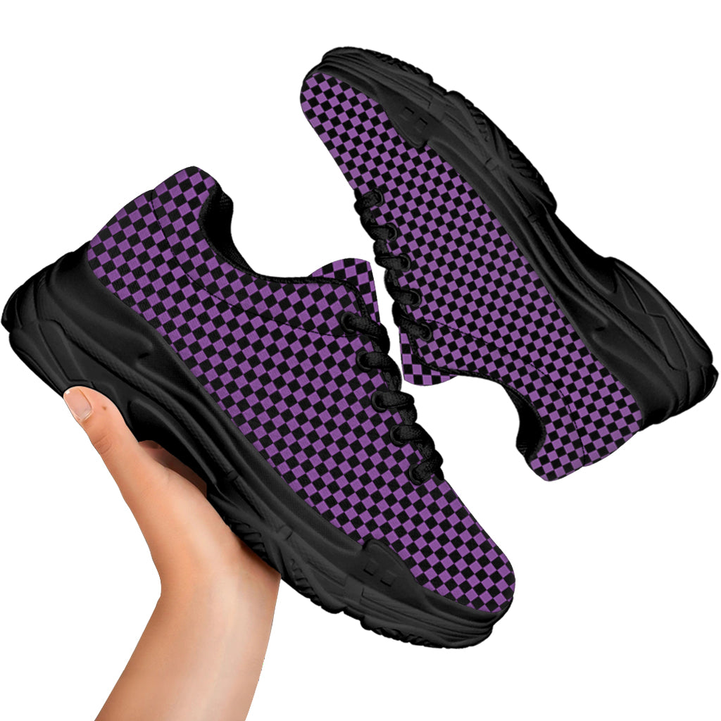 Purple And Black Checkered Pattern Print Black Chunky Shoes