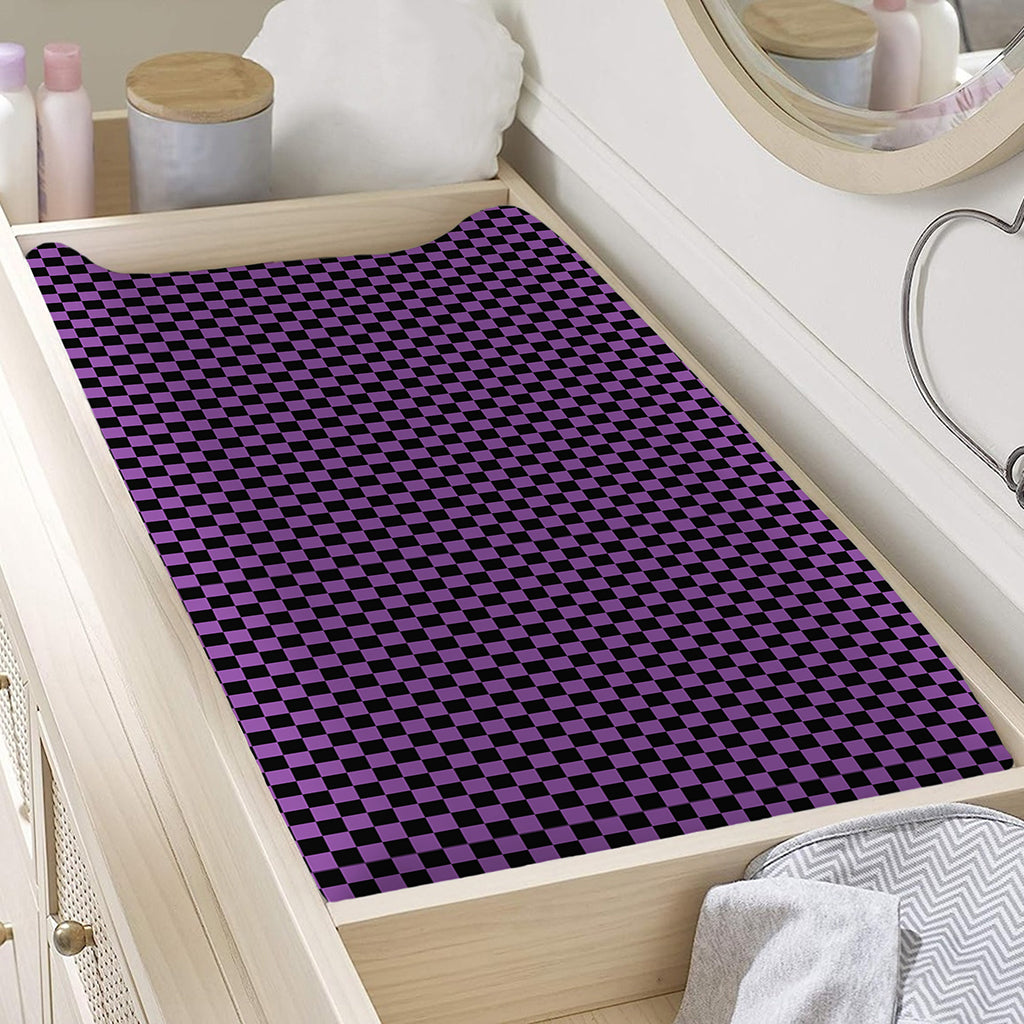 Purple And Black Checkered Pattern Print Changing Pad Cover