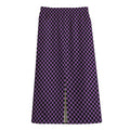 Purple And Black Checkered Pattern Print Cotton Front Slit Maxi Skirt