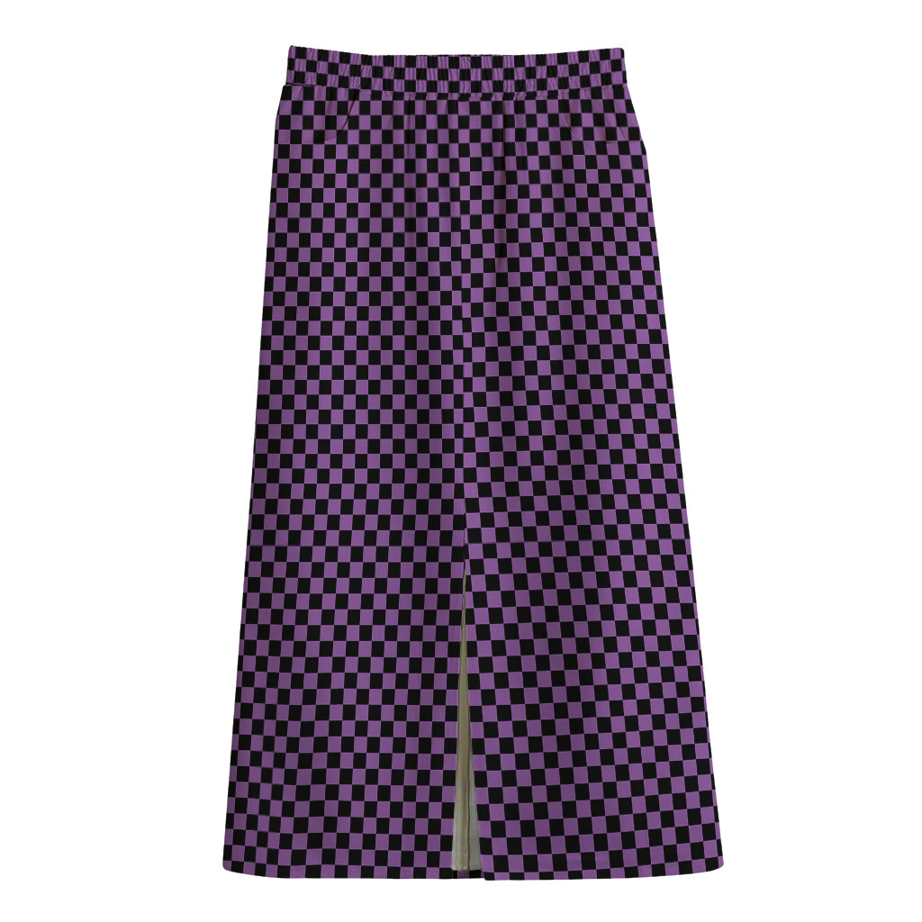 Purple And Black Checkered Pattern Print Cotton Front Slit Maxi Skirt