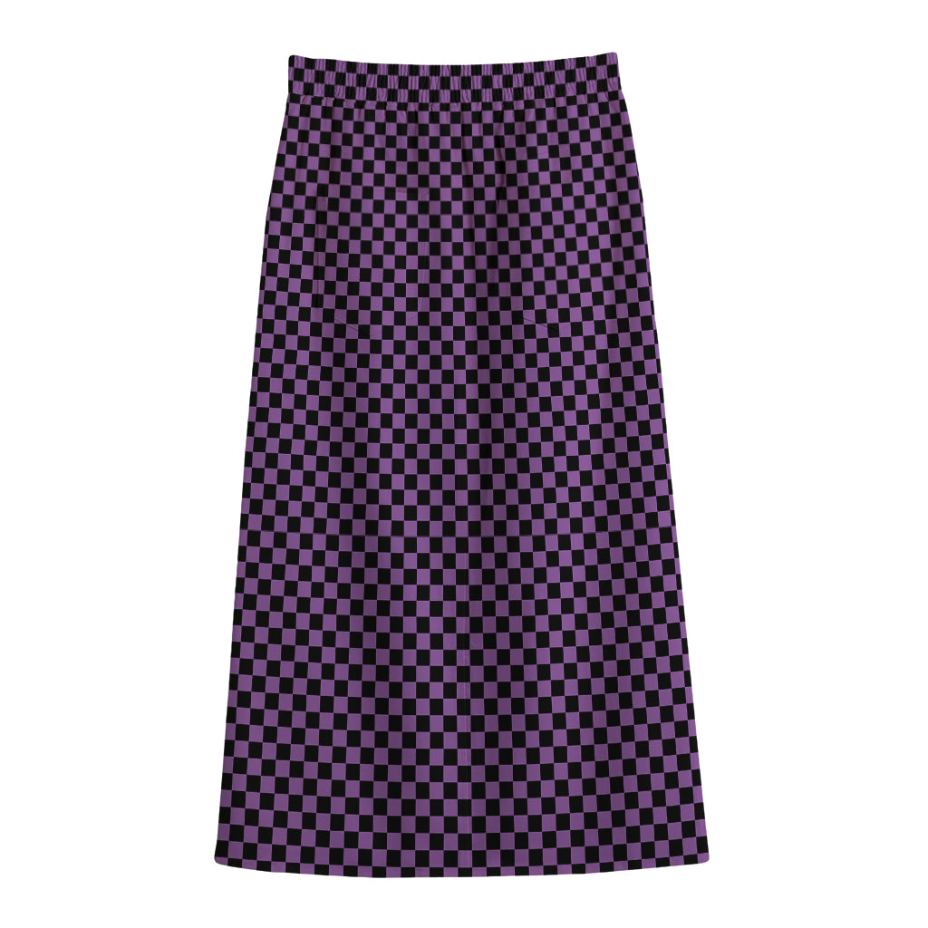 Purple And Black Checkered Pattern Print Cotton Front Slit Maxi Skirt