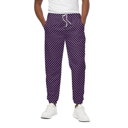 Purple And Black Checkered Pattern Print Cotton Pants
