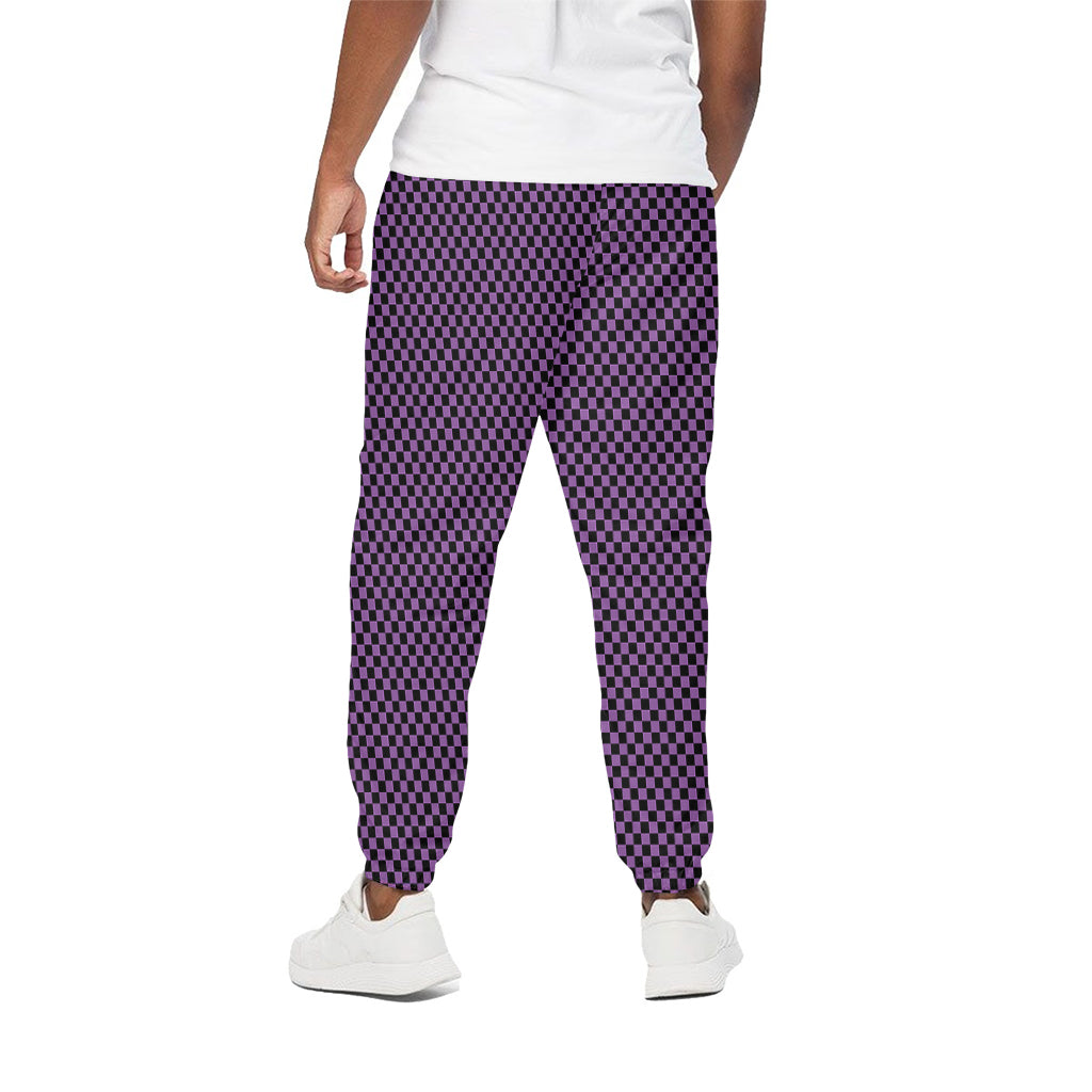 Purple And Black Checkered Pattern Print Cotton Pants
