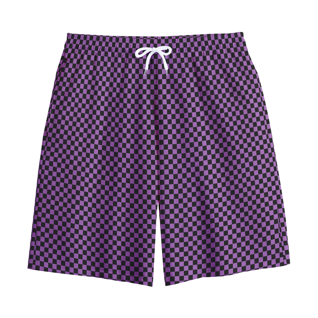 Purple And Black Checkered Pattern Print Cotton Shorts