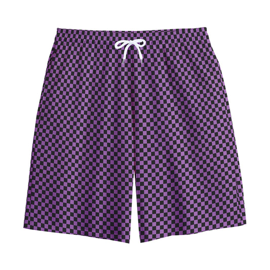 Purple And Black Checkered Pattern Print Cotton Shorts