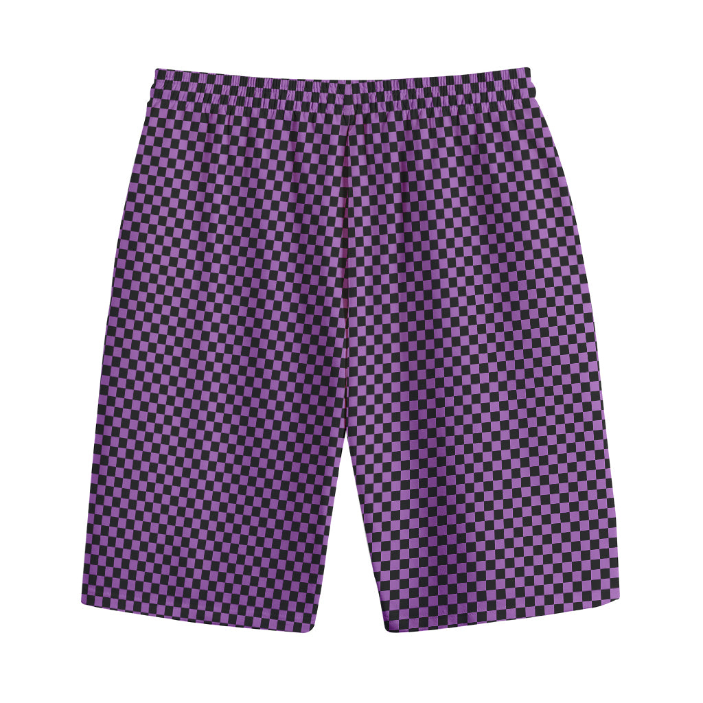 Purple And Black Checkered Pattern Print Cotton Shorts