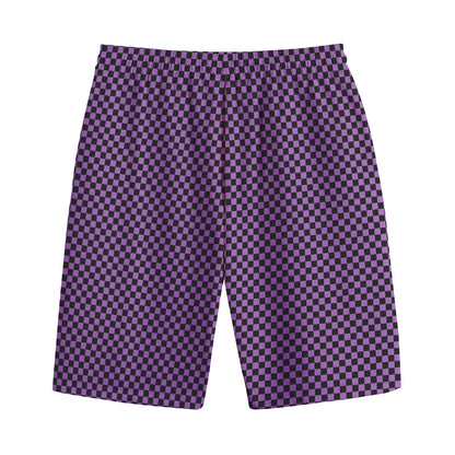 Purple And Black Checkered Pattern Print Cotton Shorts