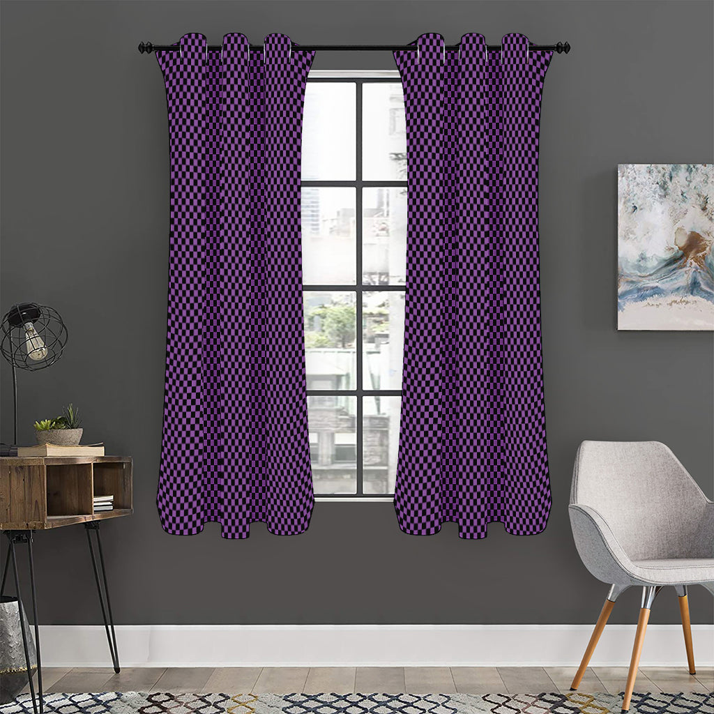 Purple And Black Checkered Pattern Print Curtain