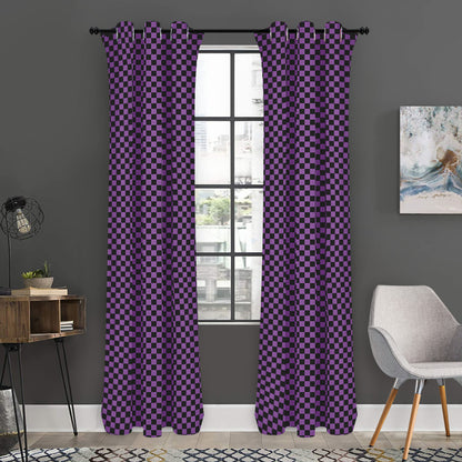 Purple And Black Checkered Pattern Print Curtain
