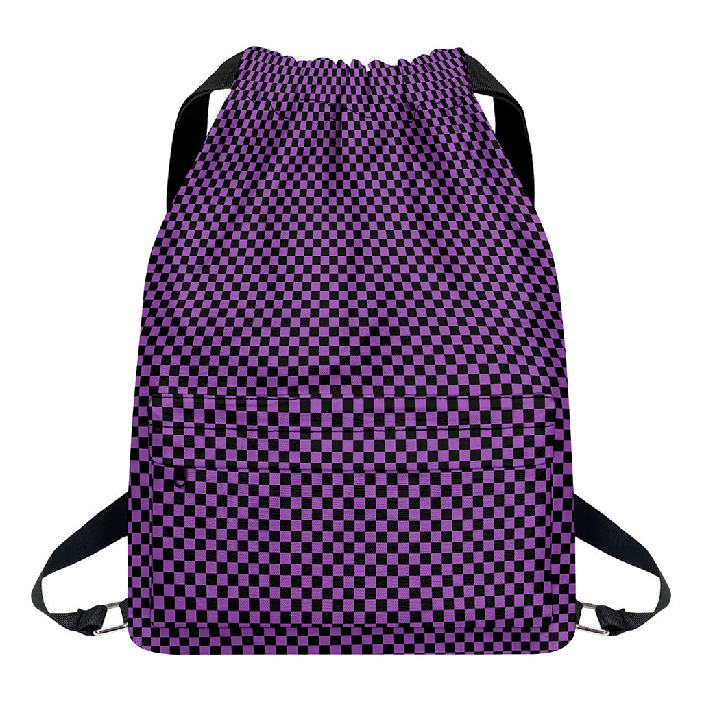 Purple And Black Checkered Pattern Print Drawstring Backpack
