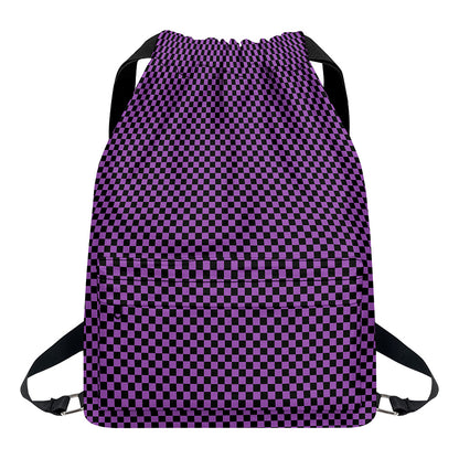 Purple And Black Checkered Pattern Print Drawstring Backpack