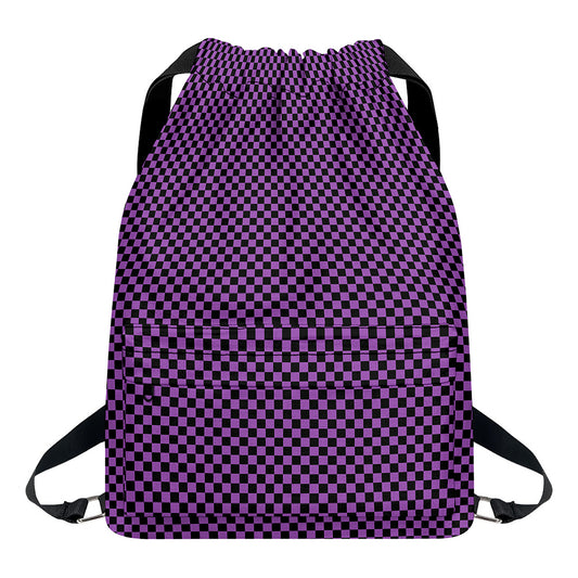 Purple And Black Checkered Pattern Print Drawstring Backpack