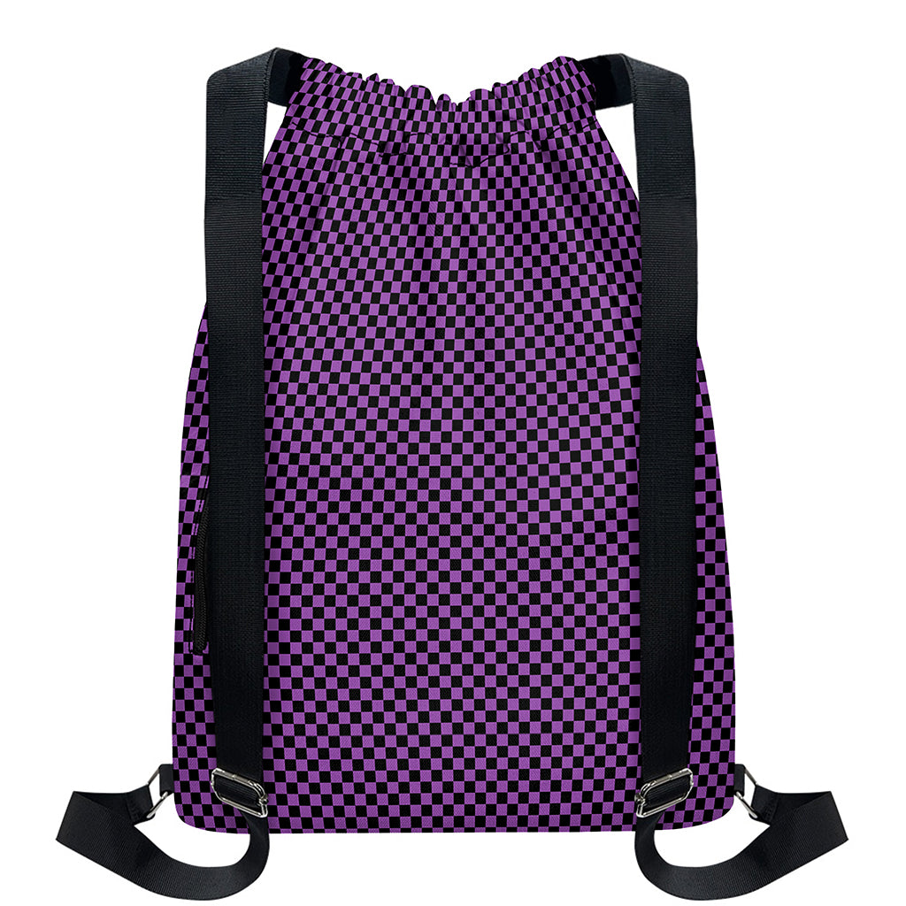 Purple And Black Checkered Pattern Print Drawstring Backpack