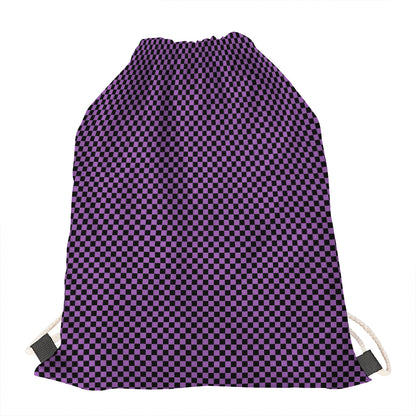Purple And Black Checkered Pattern Print Drawstring Bag