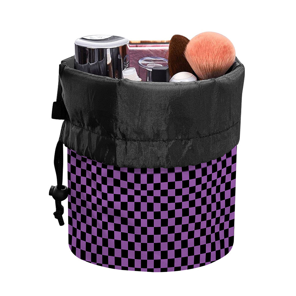Purple And Black Checkered Pattern Print Drawstring Makeup Bag