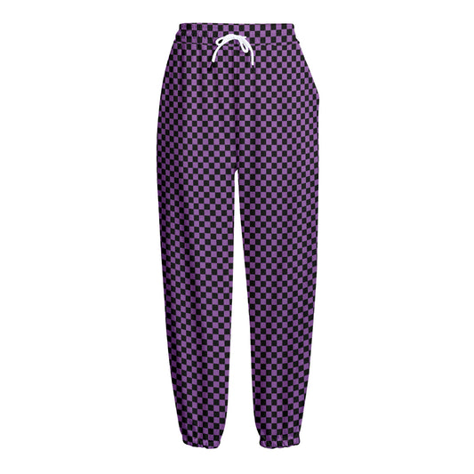Purple And Black Checkered Pattern Print Fleece Lined Knit Pants