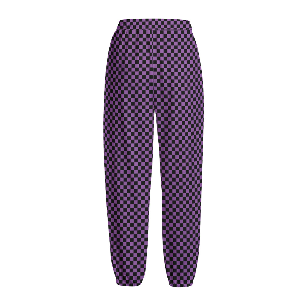 Purple And Black Checkered Pattern Print Fleece Lined Knit Pants