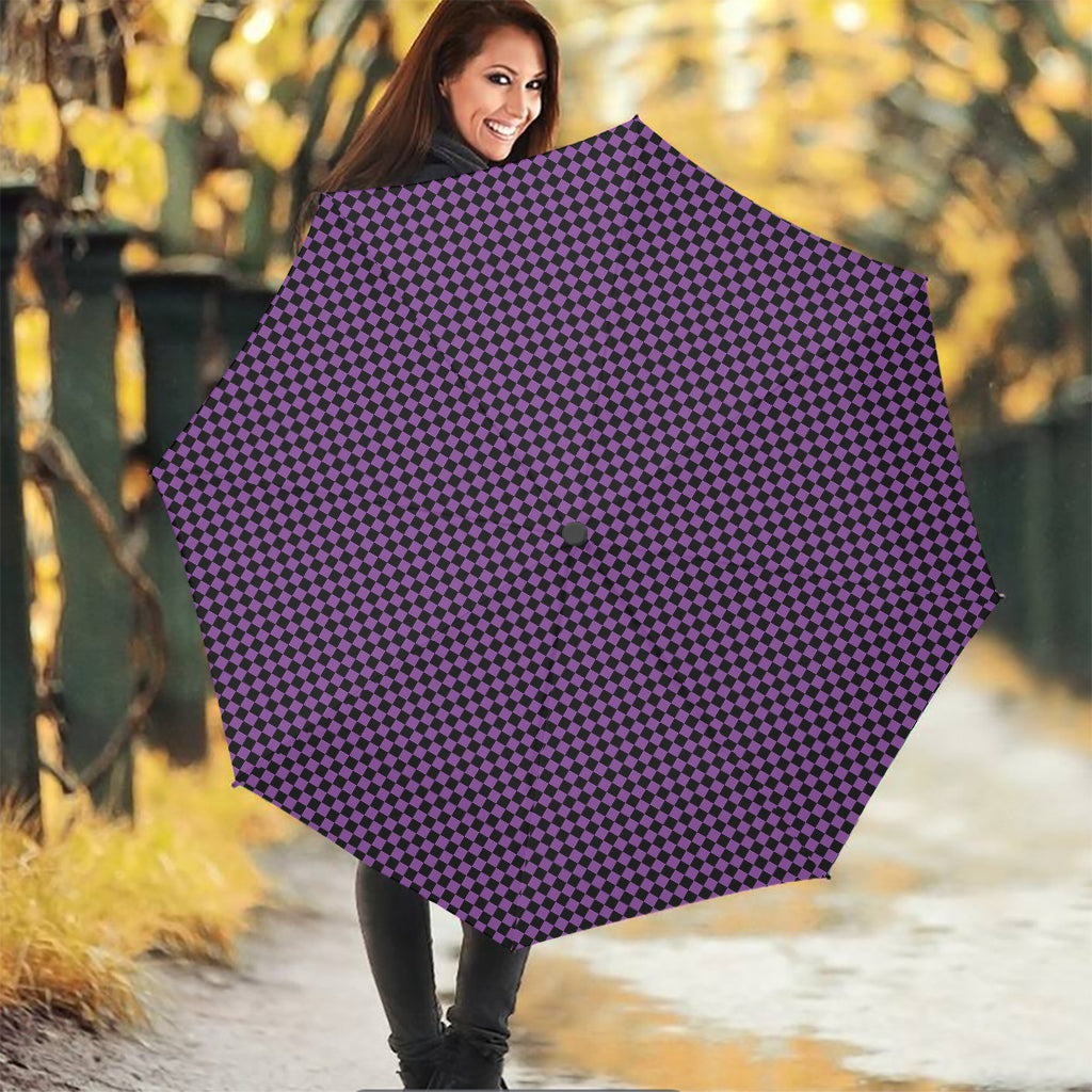 Purple And Black Checkered Pattern Print Foldable Umbrella