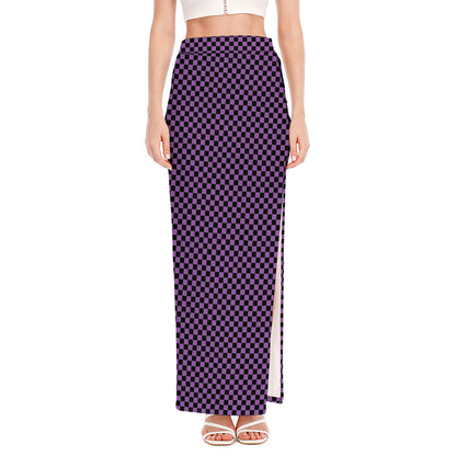 Purple And Black Checkered Pattern Print High Slit Maxi Skirt