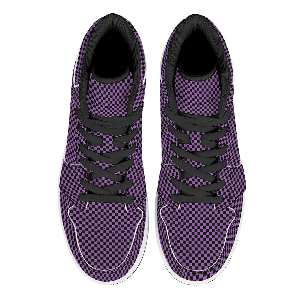 Purple And Black Checkered Pattern Print High Top Leather Sneakers