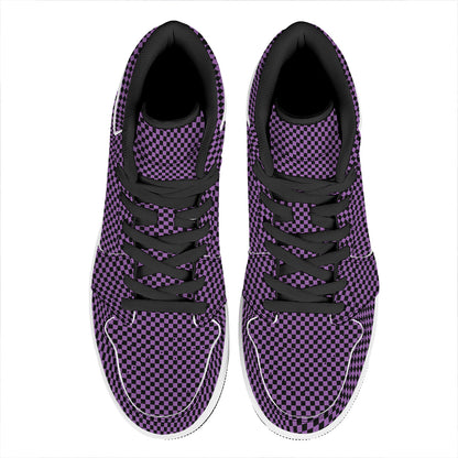 Purple And Black Checkered Pattern Print High Top Leather Sneakers