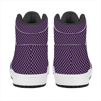 Purple And Black Checkered Pattern Print High Top Leather Sneakers