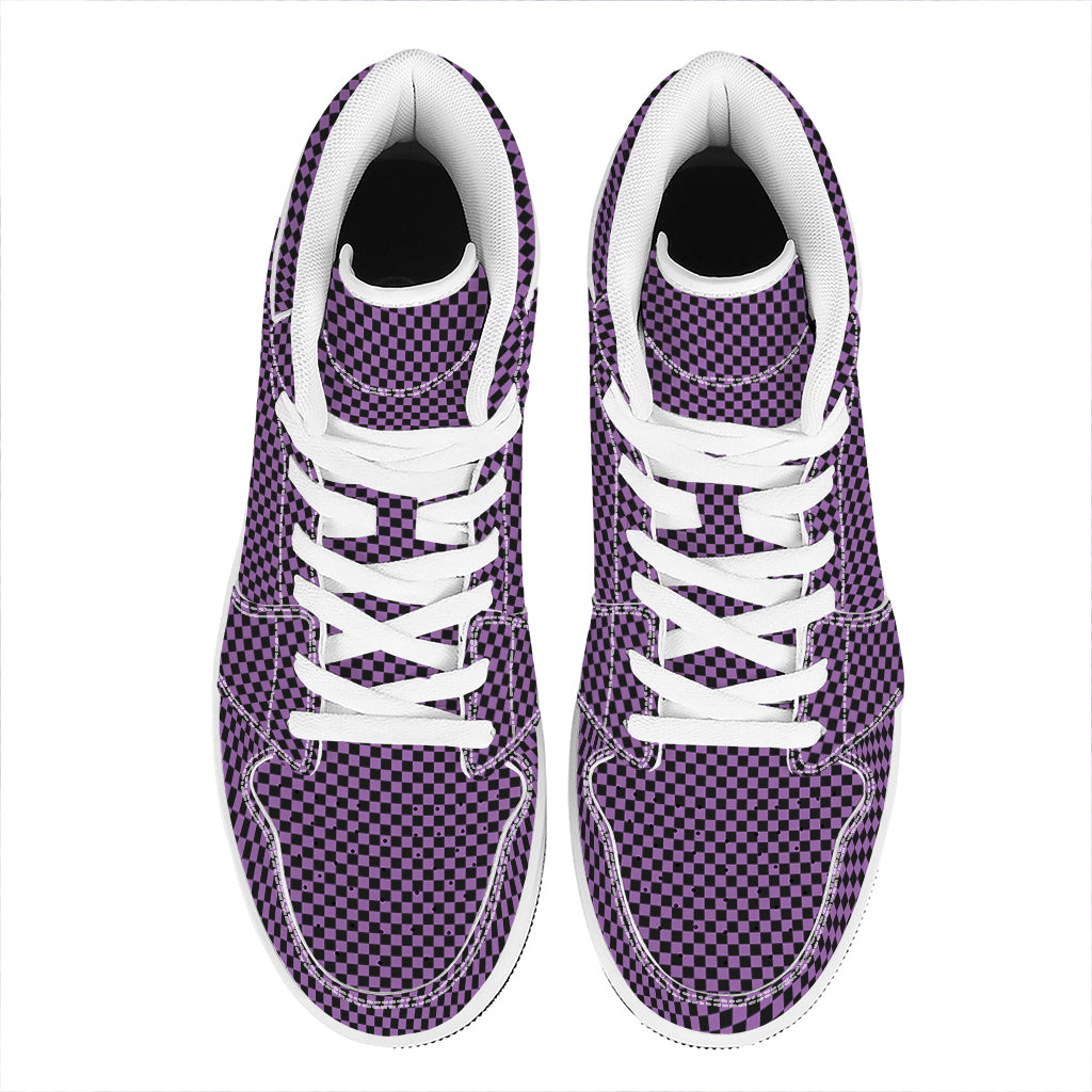Purple And Black Checkered Pattern Print High Top Leather Sneakers