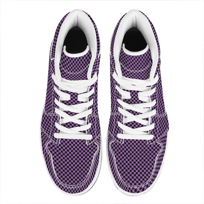 Purple And Black Checkered Pattern Print High Top Leather Sneakers